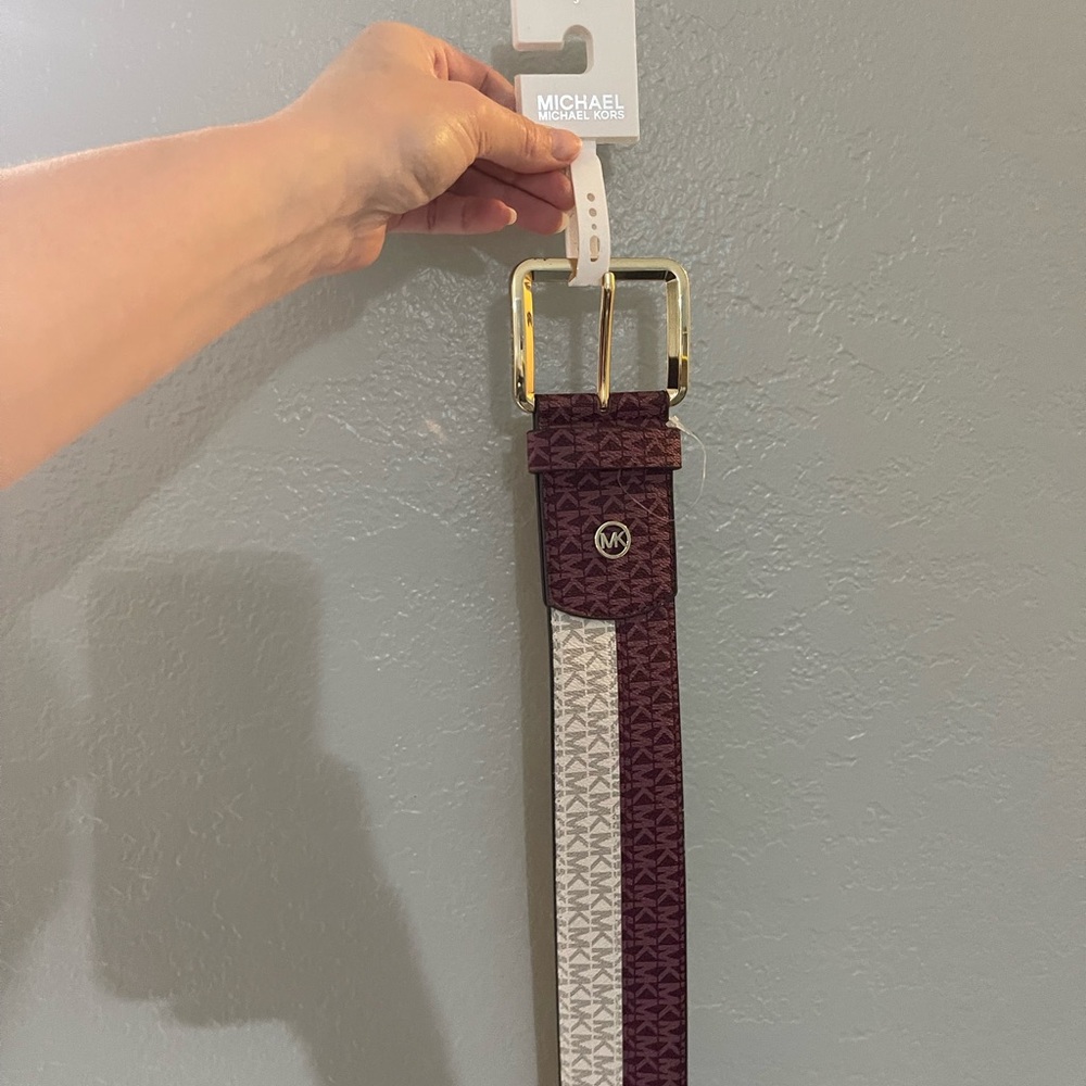Michael Kors Burgundy and White Belt with Gold Buckle